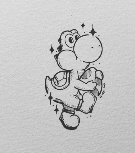 Yoshi Tattoo Design, Videogame Tattoo Ideas, Super Mario Tattoo Design, Super Mario Sketch, Videogame Tattoos, Mario Doodles, Yoshi Tattoo, Yoshi Drawing, Minecraft Tattoo