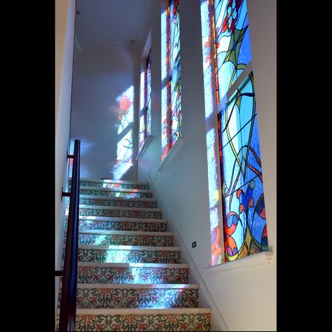 Stained glass window repair | Stained glass window panels | Church stained glass windows | TSG Stained Glass Stairway Window, Staircase Window Design Modern, Wall Above Stairs, Modern Stained Glass Windows, Window Glasses, Stained Glass Window Panels, Church Stained Glass Windows, Mexico House Ideas, Stained Windows