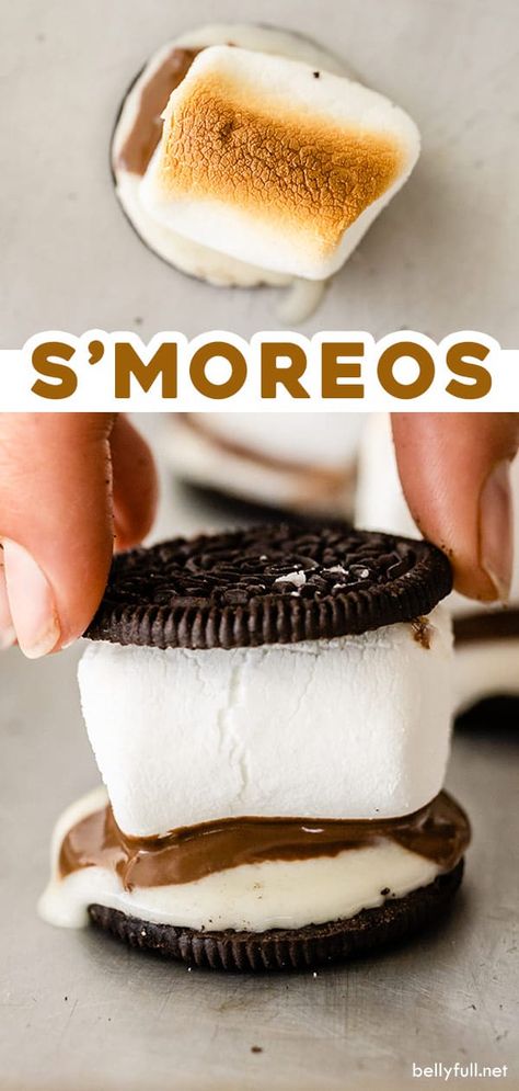 These S'mOreos are s'mores with Oreo cookies instead of graham crackers. They are an undeniably easy and awesome sweet treat that can be enjoyed in the summer while camping or at home all year round by sticking them under the broiler! Oreo Smores, Smore Recipes, Camping Desserts, Camping Snacks, Fun Recipes, Kid Food, Fun Baking Recipes, Oreo Cookies, S Mores