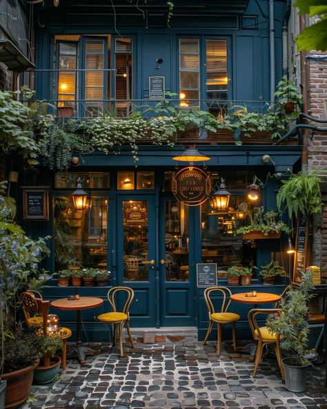 Blue Cafe Aesthetic, Cute Cafe Exterior, French Restaurant Design, French Cafe Interior, French Cafe Aesthetic, Aesthetic Cafe Interior, Cafe Facade, Art Deco Cafe, Best Christmas Destinations