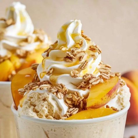 Ninja Creami Peaches & Cream Oatmeal Frozen Yogurt Recipe - Ninja Creami Ice Cream Recipes [Healthy Protein Recipes] Healthy Lemon Sorbet, Ice Cream Recipes Healthy, Healthy Protein Recipes, Ninja Creami Ice Cream Recipes, Watermelon Sorbet Recipes, Strawberry Sorbet Recipe, Frozen Yogurt Recipe, Ninja Creamy, Coffee Ice Cream Recipe