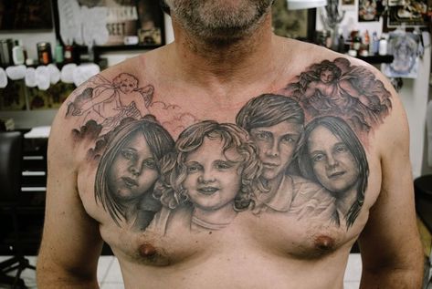 Chest Tattoo Family, Tattoos On Chest, Tattoos Family, Tattoo On Chest, Tattoos Pictures, Portrait Tattoos, Soul Tattoo, Cool Chest Tattoos, Chest Tattoos