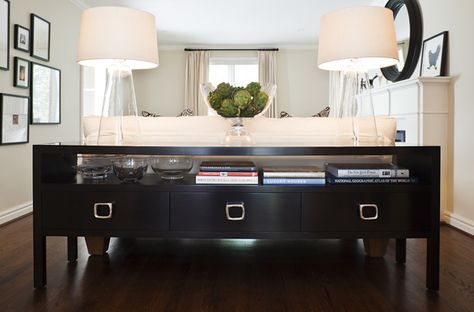 modern living room design with gorgeous glossy black buffet console table with chrome pulls, Sideboard Behind Sofa, White Buffet Table, Console Table Behind Sofa, Behind Sofa, Furniture Placement Living Room, Long Living Room, Living Room Decor Neutral, Table Lamps Living Room, Diy Sofa Table