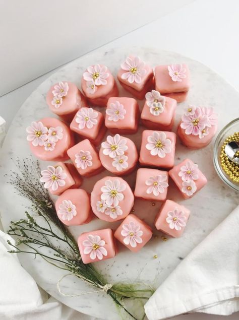 Pink Petit Fours, Floral Petit Fours, Pink Rococo, Twst Oc, Rococo Aesthetic, High Tea Food, Swiss Buttercream, Cherry Syrup, Cherry Vanilla