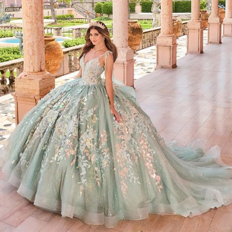 PR30157. Description: Get ready to shine and create unforgettable memories in this spectacular Quinceañera ball gown. With its sparkling sequins, delicate lace applique, and charming three-dimensional flowers, this stunning gown is simply breathtaking. A detachable bow and regal cathedral train add a touch of drama that is guaranteed to leave a lasting impression no one will forget! . Details: Fabric: Gli Pastel Prom Dress, Plus Prom Dresses, Vestido Charro, Green Quinceanera Dresses, Quinceanera Dresses Red, Quinceañera Dresses, Glitter Prom Dresses, Classic Prom Dress, Purple Quinceanera Dresses