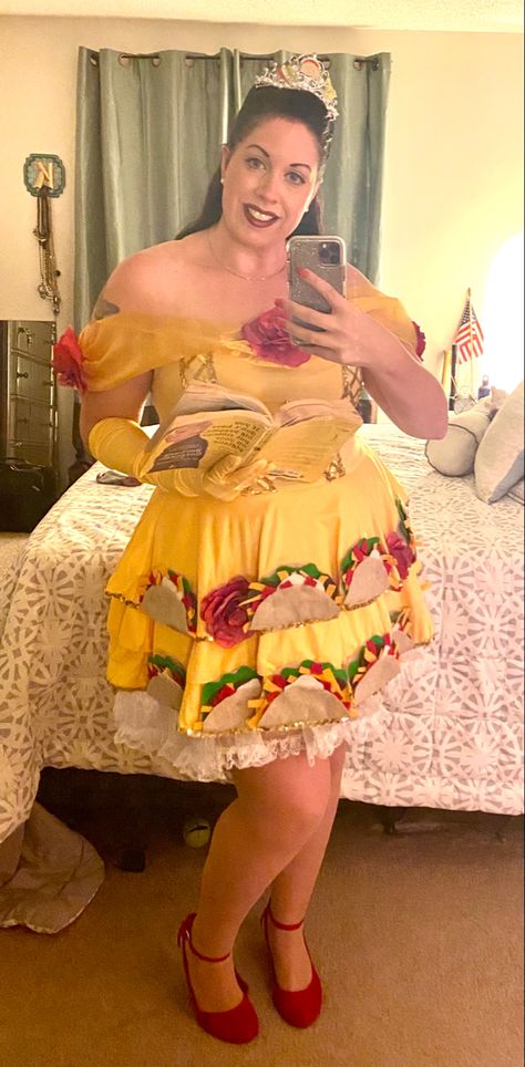 Taco Bell Costume, Felt Tacos, Taco Belle Costume, Belle Costume Diy, Belle Blue Dress Costume, Belle Blue Dress, Taco Costume, Halloween 23, Easy Diy Costumes