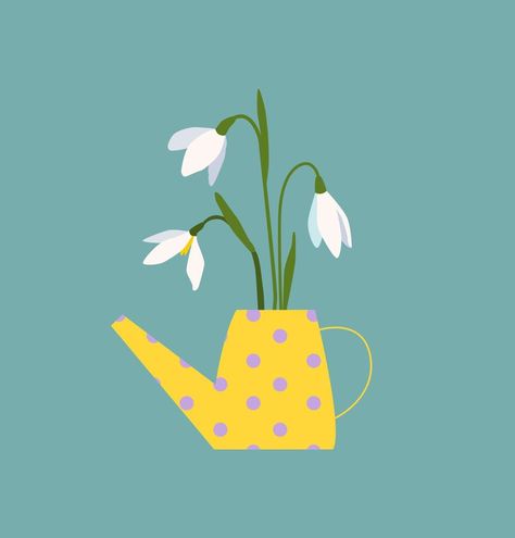 Bouquet of snowdrops in watering can. Early spring flowers. Blossom nature wildflowers. Vector illustration Early Spring Illustration, Watering Flowers Illustration, Snowdrop Flower Illustration, Water Plants Illustration, Spring Garden Illustration, Snowdrops Illustration, Watering Can Illustration, Snowdrop Illustration, Spring Flowers Illustration