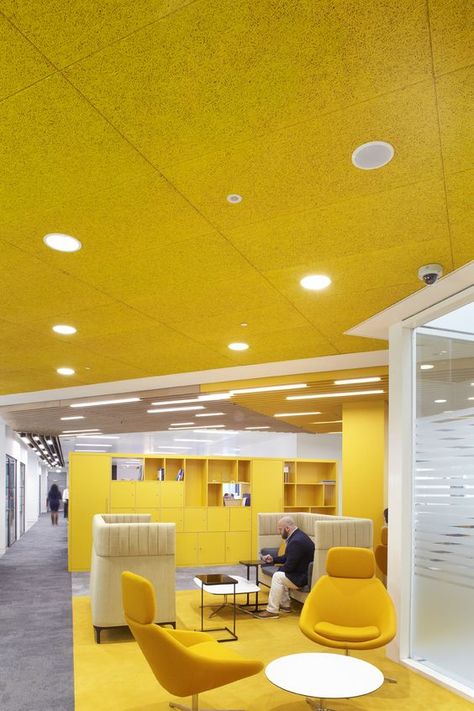 Angled Ceiling Bathroom, Coloured Ceiling, Colourful Office, Ceiling Office, Minimal Workspace, Office Space Inspiration, Yellow Ceiling, Acoustic Ceiling Tiles, Breakout Space