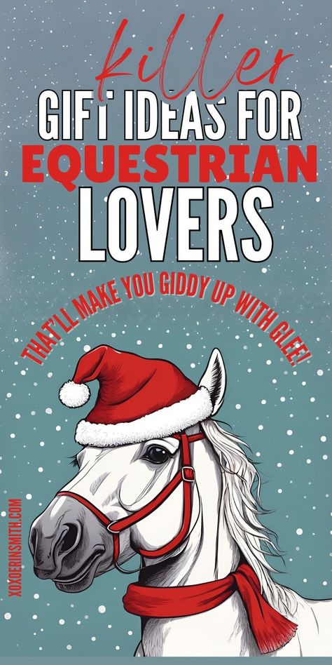 picture of cute white horse wearing santa hat and title killer gift ideas for equestrian lovers that'll make you giddy up with glee What To Get An Equestrian For Christmas, Gifts For Horse Trainer, Equestrian Christmas Gifts, Horse Gift Basket, Horse Gifts For Women, Diy Gifts For Horse Lovers, Gifts For Equestrians, Horse Lover Gift Ideas, Unique Teen Gifts