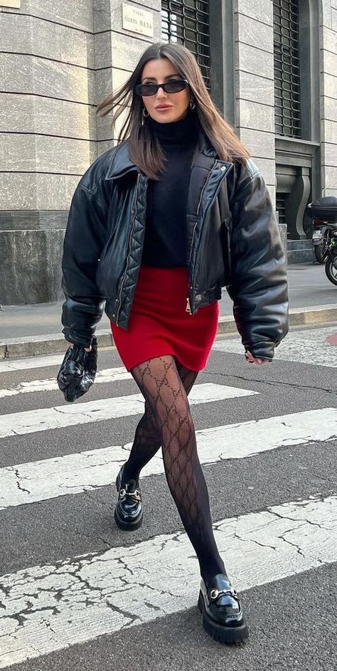 Manchester Outfit Street Styles, Red Skirt Winter Outfit, How To Style Red Skirt, Red Bottom Heels Outfit, Amsterdam Outfit Spring, Red Skirt Winter, Platforms Outfit, Red Skirt Outfit, Tartan Skirt Outfit