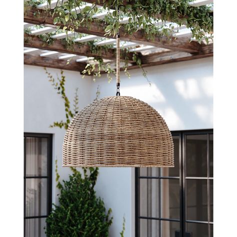 Cords of faux rattan are expertly wrapped to create the classic dome shape of the Huxley chandelier and pendant. This fixture features an array of lights shining through the organically-inspired shade. Huxley creates a fresh and earthy focal point. SKU’s F2024-TBZ and F2034-TBZ are wet-listed for outdoor use; the rest of the family features genuine rattan and is intended for interior use only. Outdoor Basket Lights, Outdoor Rattan Pendant Light, Bath Garden, Rattan Chandelier, Outdoor Chandelier, Basket Lighting, Rattan Pendant Light, Outdoor Pendant Lighting, Home Addition