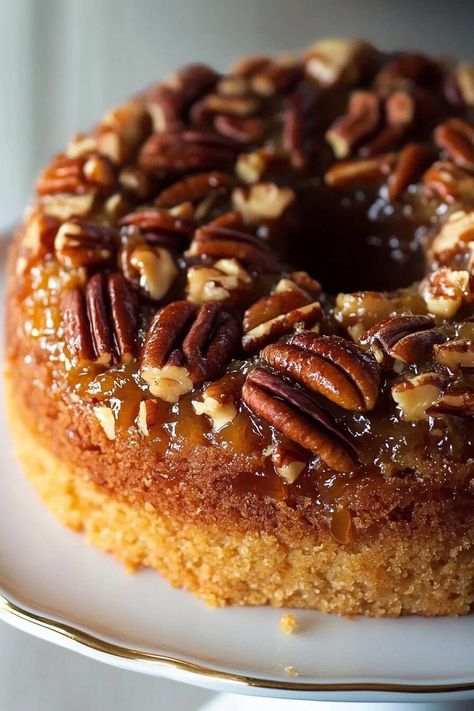 Best Thanksgiving Cakes, Cake Mix Cakes Recipes, Simple Yellow Cake, Pecan Pie Cake Recipe, Coated Pecans, Pecan Bundt Cake, Pecan Upside Down Cake, Easy Thanksgiving Desserts, Pecan Treats