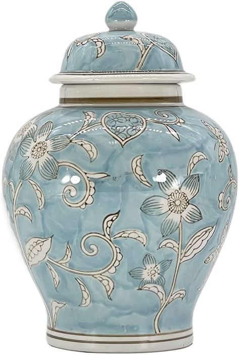 Amazon.com: Light Blue and White Flower Chinoiserie Jar 12" w/ Lid - Ginger Jar, Tea Storage, Decorative, Home Décor Jar : Home & Kitchen Rattan Charger, Chinoiserie Ginger Jars, Jar Tea, White Ginger Jars, Temple Jar, Blue And, Tea Storage, A&b Home, Jar Vase