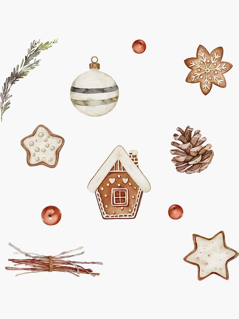 This festive design brings together the warm and cozy elements of Christmas, featuring a gingerbread house, star-shaped cookies, pinecones, a striped ornament, and sprigs of greenery. The soft, neutral tones and simple yet charming illustrations evoke a rustic holiday atmosphere. Celebrate the joy of the season with this delightful pattern that captures the essence of a traditional Christmas. Christmas Aesthetic Stickers, Christmas Ornaments Aesthetic, Christmas Stickers Aesthetic, Star Shaped Cookies, House Star, Christmas Cutouts, Shaped Cookies, Christmas Wallpaper Backgrounds, Hand Drawn Icons