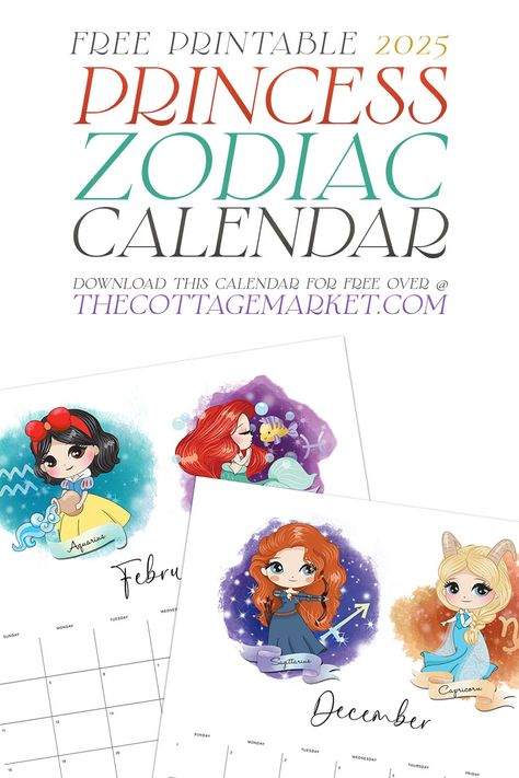 Free Printable 2025 Princess Zodiac Calendar  Make 2025 magical with the Free Printable Princess Zodiac Calendar—whimsical, charming, and perfect for every star sign!  In case you thought we forgot to add our Free Printable 2025 Princess Zodiac Calendar… do not fear… it’s here!  We’re thrilled to bring you a calendar that combines your favorite Disney Princesses with the magic of astrology. From Snow White to Ariel, this calendar has someone for everyone, and each month is prettier than the next Cricut Calendar, Disney Calendar, Disney 2025, Printable Princess, Princess Printables, Zodiac Calendar, Cottage Market, Calendar Download, Free Printable Calendar