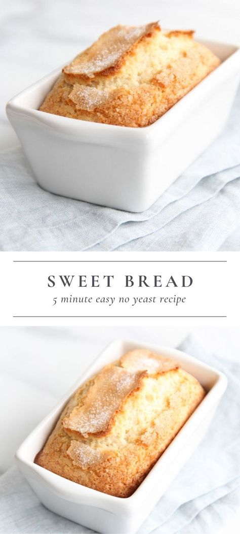 Sweet Bread is so incredibly easy to make and only takes 5 minutes hands on time. This easy Sweet Bread recipe requires only staple ingredients: sugar, flour, baking powder, salt, eggs, milk and vegetable oil! It’s easy quick bread recipe for breakfast, snack or dessert that also makes a beautiful neighbor, hostess or holiday gift! #sweetbread #quickbread #easy #brunch #recipe #breakfast Easy Homemade Sweet Bread, Simple Sweet Bread Recipe, Easy Sweet Bread, Sweet Bread Recipe, Easy Quick Bread, Quick Bread Recipes Easy, Pane Dolce, Brunch Recipe, Cloud Bread