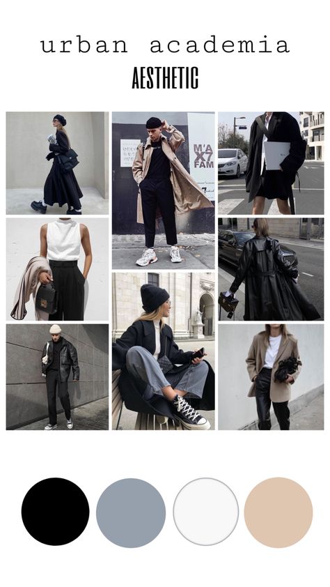 urban academia- a brand new version of dark academia Urban Dark Academia, Minimal Academia Aesthetic, Urban Academia Aesthetic, Female Architect Aesthetic Outfit, Dark Academia Streetwear, Urban Academia Outfits, Modern Academia Fashion, Black Academia Aesthetic Outfit, Dark Minimalist Aesthetic Outfit