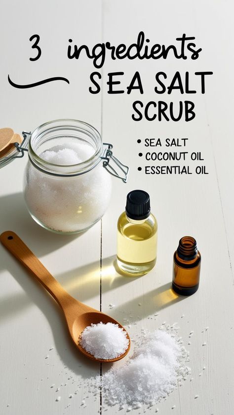 Alt Text for Image: A jar of homemade sea salt body scrub with sugar and sea salt displayed on a wooden surface, showcasing a luxurious salt scrub DIY perfect for creating an exfoliating body scrub. Ideal for fans of sea salt scrubs, shea sugar scrub, and easy scrub DIY ideas. Diy Epsom Salt Scrub Recipe, Epsom Salt Scrub Diy, Epsom Salt Scrub Recipe, Sea Salt Scrub Recipe, Dead Sea Salt Scrub, Salt Scrub Diy, Epsom Salt Scrub, Salt Scrub Recipe, Salt Face Scrub