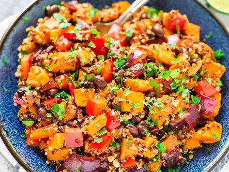 Sweet Potato Quinoa Black Bean Salad Recipe - Whisk Quinoa Black Bean Salad, Black Bean Quinoa Salad, Bean Quinoa Salad, Sweet Potato Quinoa Salad, Ww Salads, Sweet Potato Salad Recipe, Black Bean Salad Recipe, Sweet Potato Quinoa, High Protein Salads