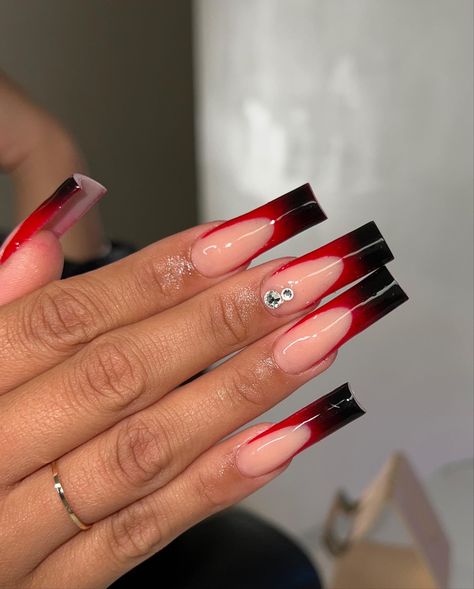 Red And Black Nails French Tips, Black N Red Nails, Revenge Nails, Atl Nails, Red And Black Prom Nails, Black And Red French Tip Nails, Red And Black Acrylic Nails, Red And Black Nails, Black Coffin Nails