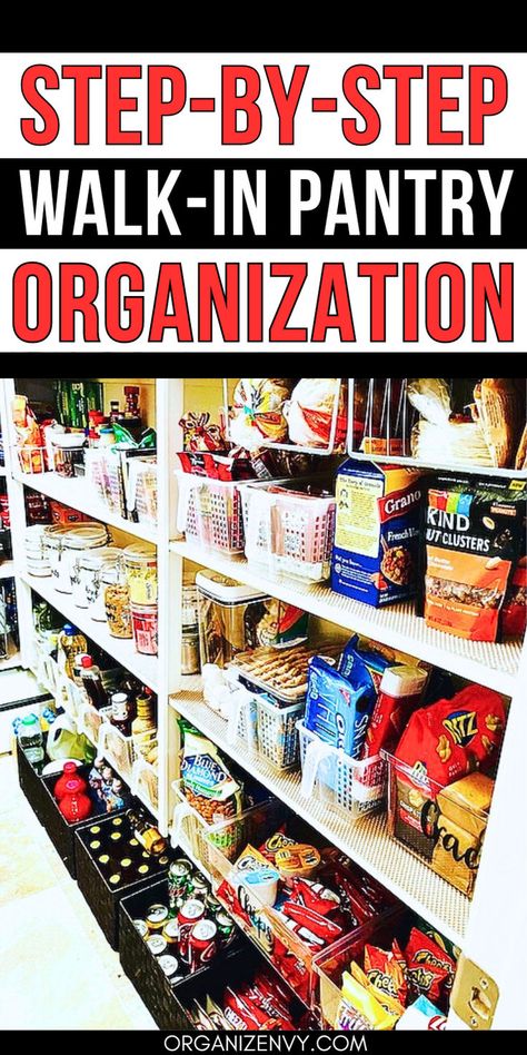 Photo of a large walk-in pantry with food organized in baskets Pantry Zones, Organizers For Pantry, Walk In Pantry Ideas Layout, Diy Pantry Makeover, Pantry Staples List, Small Walk In Pantry, Pantry Organization Ideas Shelves, Walk In Pantry Ideas, Pantry Shelving Ideas