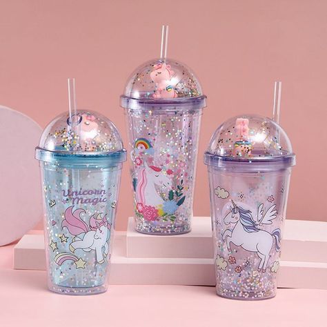 Unicorn Sipper With Straw, Cute Cups With Straws, Sippers With Straw, Cute Tumbler Cups, Stationery Store Design, Cups With Straws, Small Gifts For Women, Unicorn Bottle, Unicorn Cups