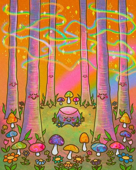 Mushroom Forest Art, Nature Mushrooms, Trees Illustration, Redwood Trees, Art Hippie, Mushroom Forest, Hippie Painting, Magical Fairy, Hippie Wallpaper