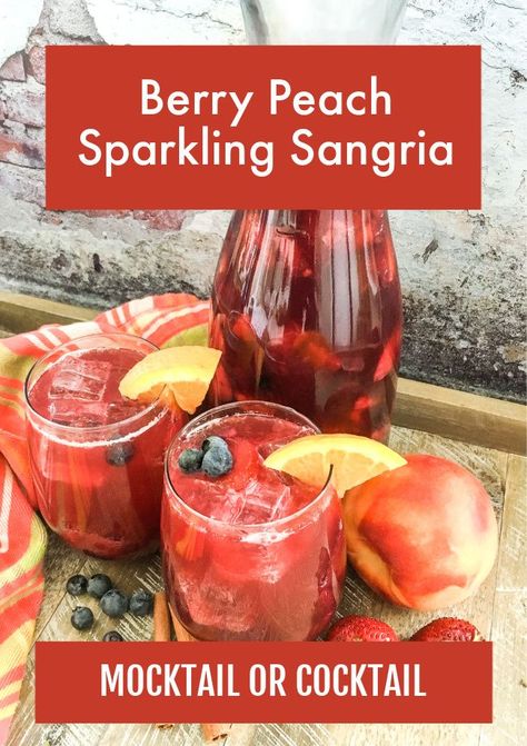 This refreshing non-alcoholic Berry Peach Sparkling Sangria  is inherently sweet thanks to the combination of fresh fruits and juices. The addition of sparkling water helps balance the sweetness. For an adults-only version of this drink, swap out the unsweetened grape juice with an equal amount of dry red wine. Fruity Mocktail, Light Summer Cocktails, Sparkling Sangria, Berry Sangria, Fruity Cocktail, Summer Drinks Alcohol, Peach Sangria, Refreshing Summer Drinks, Freshly Squeezed Orange Juice