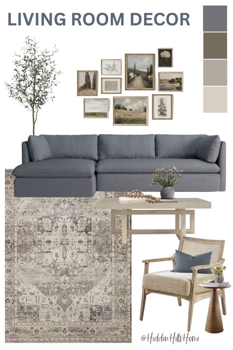 Earth toned living room decor mood board with a sectional sofa and a cane accent chair Gray Sofa And Accent Chair, Grey Wood Furniture Living Room, Living Room Color Pallet Ideas Grey, Blue Gray Sectional Living Room, Neutral Living Room With Grey Floors, Dusty Blue And Sage Living Room, Gray Couch Living Room Ideas Colour Schemes, Blue Organic Modern Living Room, Organic Modern Living Room Blue Couch