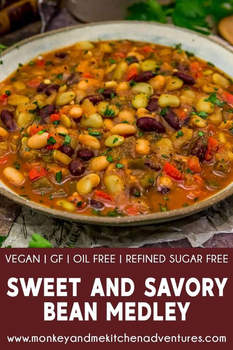 Sweet and Savory Bean Medley - Monkey and Me Kitchen Adventures Plant Based Foods List, Vegan Bean Recipes, Peach Glaze, Monkey And Me Kitchen Adventures, Monkey And Me, Vegan Beans, Smoked Ham, Plant Based Eating, Sweet And Savory