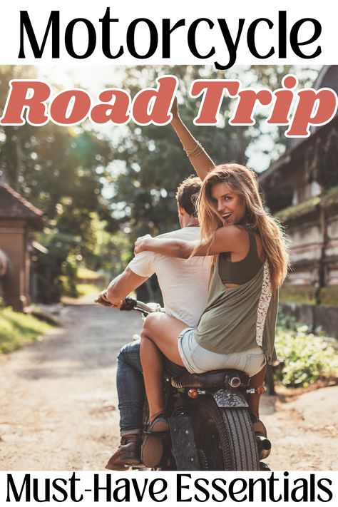 A man and a woman are riding a motorcycle. The woman is on the back with her hand in the air looking back as they drive away. She is smiling! They are going on a road trip and packed their must have essentials. What To Wear On Motorcycle Ride, Motorcycle Road Trip Packing, Motorcycle Outfits For Women Summer, What To Wear On A Motorcycle Ride Women, Motorcycle Date Outfit, Riding Motorcycle Outfit For Women, Summer Motorcycle Outfits For Women, Motorcycle Outfits For Women, Motorcycle Essentials