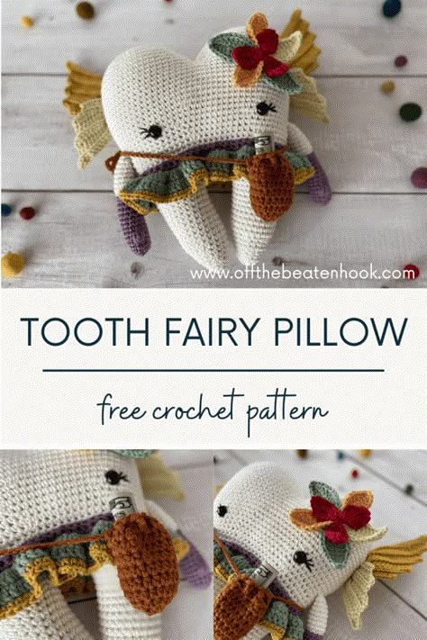 Tooth Fairy Pillow Free Crochet Pattern - Off the Beaten Hook Crochet Pattern Fairy, Crochet Patterns Fairy, Free Crochet Fairy Pattern, Tooth Fairy Crochet, Crochet Tooth Fairy Pillow Pattern Free, Tooth Crochet Pattern Free, Unique Amigurumi Free Pattern, Crochet Fairy Pattern Free, Crochet Items For Kids