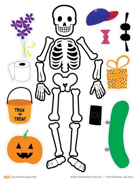 Free skeleton Halloween printable for a simple and fun Halloween craft for toddlers and kids! Print and cut out the skeleton's bones and accessories and start assembling the most hilarious Halloween skeleton! #halloweenactivitiesfortoddlers #halloweenactivities #halloweencraftforkids #halloweencraftsdiydecorations #yeswemadethis Paper Skeleton Craft, Skeleton Kids Craft, Skeleton Paper Craft, Free Skeleton Printables, Build A Skeleton Printable, Halloween Cutouts Printable, Skeleton Template Printable Free, Halloween Paper Crafts Free Printable, Free Printable Halloween Crafts