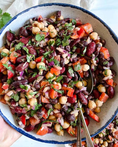 Enjoy this easy-to-make and delicious Mixed Bean Salad for your next picnic or potluck food! It's incredibly refreshing and full of yummy summer flavors! #plantbasedonabudget #mixed #bean #salad # vegan Spicy Ranch Bean Salad, Six Bean Medley Recipes, Mixed Beans Salad, Bean Medley Salad, Red Bean Salad Recipes, Grinder Bean Salad, Italian Bean Salad, Mixed Beans Recipe, Dried Bean Recipes