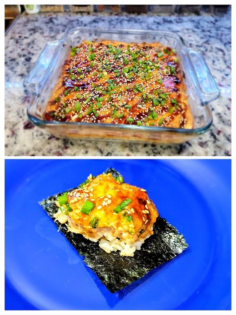 Canned Tuna Sushi Bake, Tuna Sushi Bake, Spicy Tuna Sushi, Tuna Bake, Sushi Bake, Tuna Sushi, Seaweed Snacks, Tuna Casserole, Canned Tuna