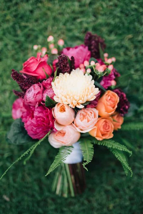 Beautiful-Wedding-Bouquet-Rich-Romantic-Pink-Peach-Orange-Flowers Hot Pink And Champagne Wedding, Bouquet Champetre, Bouquet Bride, Summer Wedding Bouquets, Wedding Bouquets Pink, Have Inspiration, Pink Wedding Flowers, Wedding 2024, Bouquet Of Flowers