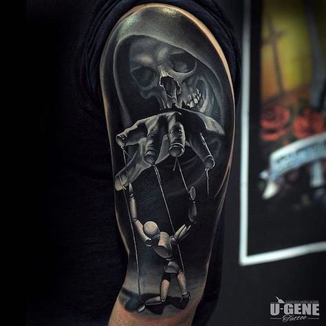 Creepy Skull Tattoo, Marionette Tattoo, Cover Up Tattoos For Men, Mangas Tattoo, Creepy Skull, Black Skull Tattoo, Armor Tattoo, Reaper Tattoo, Skull Sleeve Tattoos