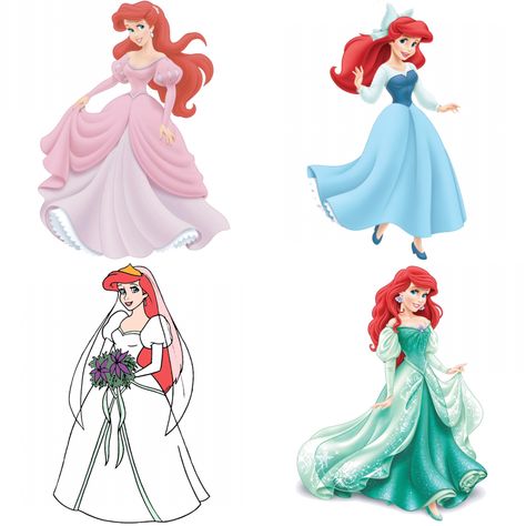 Ariel dresses: 1) pink ball gown 2) blue town dress 3) wedding dress 4) sea foam Parks/merch dress Ariel In Blue Dress, Ariel Pink Dress Costume, Ariel Royale High, Ariel Ball Gown, Ariel Dress Costume, Ariel Inspired Dress, The Little Mermaid Dress, Ariel Blue Dress, Princesses Dresses