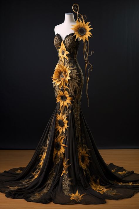 Sunflower inspired gown Fall Ball Gown, Celestial Quinceanera Dress, Sunflower Prom Dress, Sunflower Dress Aesthetic, Sunflower Inspired Dress, Sunflower Wedding Dress, Sunflower Gown, Sunflower Dresses, Sunflower Fashion