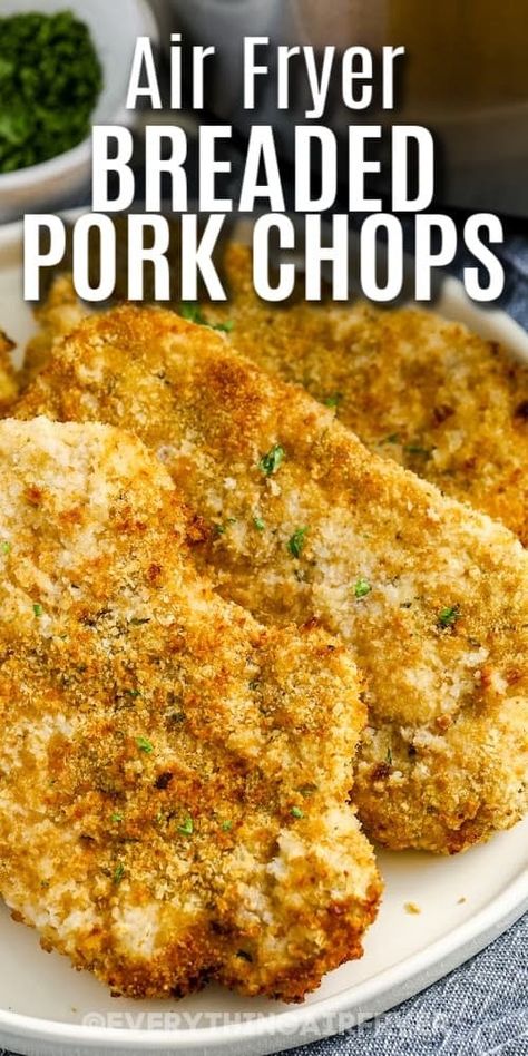 Air fryer breaded pork chops on a serving plate with a title Boneless Pork Chops Air Fryer, Air Fryer Breaded Pork Chops, Air Fryer Pork Chops Boneless Breaded, Air Fried Pork Chops, Air Fryer Boneless Pork Chops, Pork Chops In Air Fryer, Pork Chop Recipes Air Fryer, Air Fryer Pork Chops Boneless, Baked Pork Cutlets