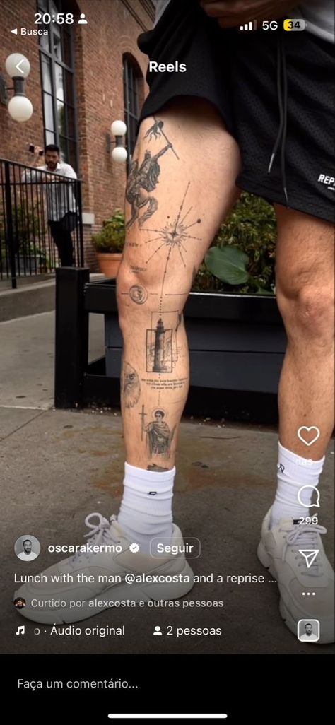 Quad Sleeve Tattoo, Shin Tattoo Sleeve, Mens Tattoo Leg Sleeve Ideas, Alex Costa Leg Tattoo, Minimal Leg Sleeve Tattoo, Fine Line Leg Tattoo Men, Leg Sticker Sleeve, Minimalist Knee Tattoo, Quad Men’s Tattoos