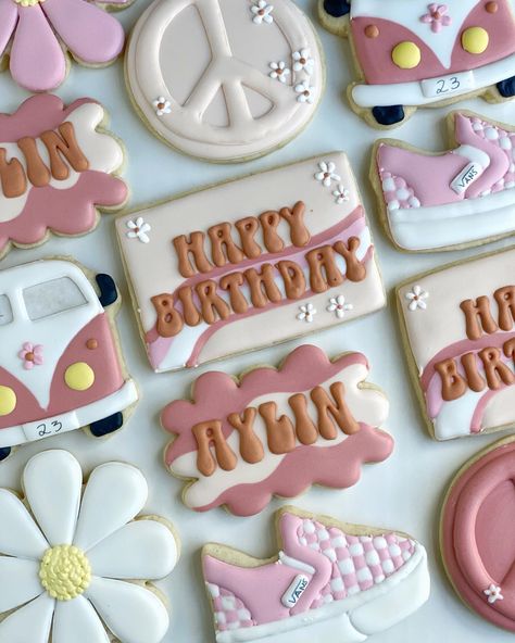 Happy Birthday groovy cookies! #sugarcookies #customcookies #groovy #groovycookies Four Ever Groovy Birthday Party, Four Ever Groovy Birthday Cake, Two Groovy Treats, Groovy Sweet 16, 4ever Groovy Birthday, 2 Groovy Cookies, Groovy One Cookies, Two Groovy Cookies, Two Groovy Cookies Decorated