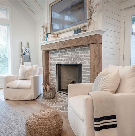 Fireplace Shiplap And Brick, Brick Fireplace With Shiplap Above, Fireplace Nook Decorating Ideas, Fireplace With Vaulted Ceiling, Cream And Beige Living Room, Fireplace Ideas With Tv, Gas Fireplace Makeover, Real Fireplace, Fireplace Installation