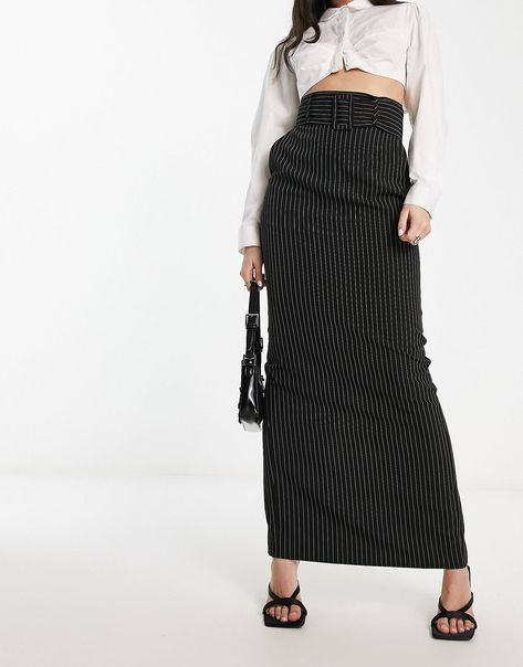 ASOS DESIGN maxi pencil skirt with belt in black pinstripe | ASOS Pinstripe Skirt, Pencil Skirt Pattern, Maxi Pencil Skirt, Skirt With Belt, High Waisted Pencil Skirt, Skirt Patterns Sewing, Clothes Sewing Patterns, Skirt Design, Skirt Pattern