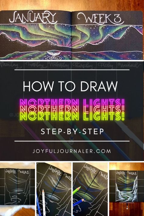 Follow this easy step-by-step tutorial! Learn how to draw the Northern Lights with colored pencil. Click to see full post! #howtodraw #bulletjournalart #drawingtutorial #coloredpencildrawing How To Draw Northern Lights Step By Step, Northern Lights Drawing Pencil, How To Draw Northern Lights, Color Pencil Art Tutorial Step By Step, Snow Owls, Journal Goals, Using Colored Pencils, Goals Bullet Journal, Colored Pencil Tutorial