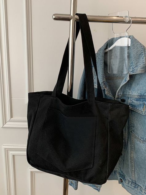 Black Unisex Collar  Polyester Plain Shopper Bag Embellished   Women Bags Canvas Tote Bag Design, School Tote Bags, Tod Bag, Bags For College, Tote Bag For School, Tote Bag School, Tote Bags For College, College Tote, College Tote Bag