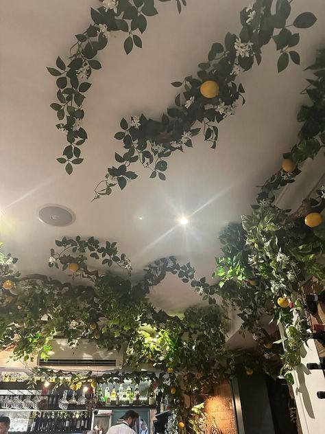 Flower Vine Ceiling Bedroom, Leaves Room Decor Ceiling, Bedroom Ceiling Ideas Aesthetic, Moss Ceiling Bedroom, Fake Ivy On Curtains, Vibes Hanging From Ceiling, Vibes On Ceiling Bedroom, Hanging Room Decor Ceilings, Vines And Lights On Ceiling