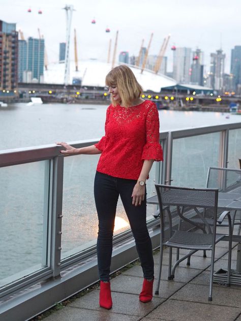 Red Lace Top And Red Ankle Boots Red Ankle Boots Outfit, Red Booties Outfit, Ankle Boots Outfit Summer, Red Heels Outfit, Basic White Blouse, Red Boots Outfit, Red Top Outfit, The Story So Far, Black Pants Outfit