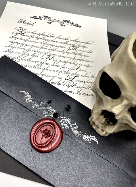 Handwrittten Goth Letter Service | Vintage | Pen & Ink | Wax Seal Goth Love Letter, Wax Sealed Letters Aesthetic, Wax Seal Letter Aesthetic, Gothic Wedding Stationery, Black Envelope With Wax Seal, Date Night Gifts, Holiday Dates, Vintage Pens, Sweets Gift