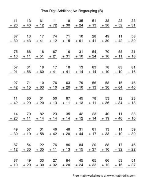 The Two-Digit Addition -- No Regrouping -- 100 Questions (B) math worksheet from the Addition Worksheets page at Math-Drills.com. Addition With Regrouping Worksheets, Math Fact Worksheets, Addition Worksheet, Math Addition Worksheets, Math Drills, Math Sheets, Addition And Subtraction Worksheets, Mathematics Worksheets, 2nd Grade Math Worksheets